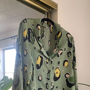 Green and yellow dot button down blouse